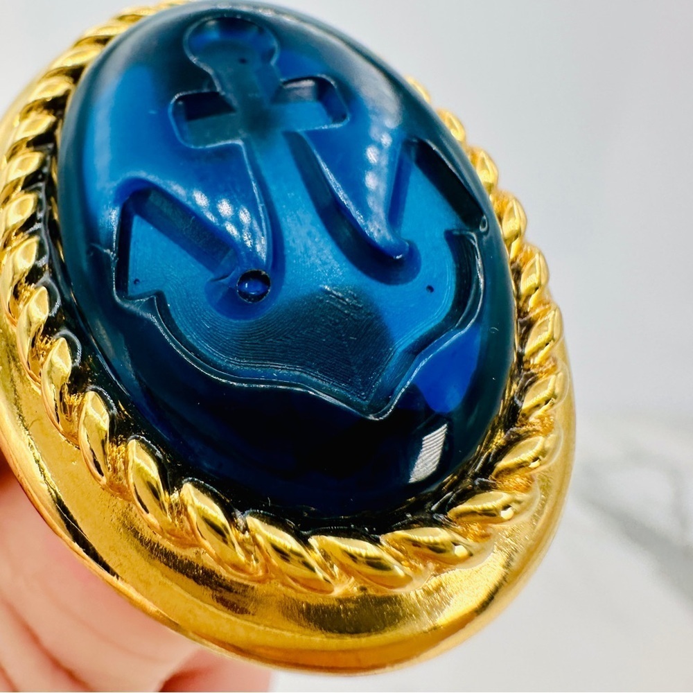Vintage Trifari Blue Anchor Earrings Clip On Blue Gold Large Signed Statement - Picture 3 of 9